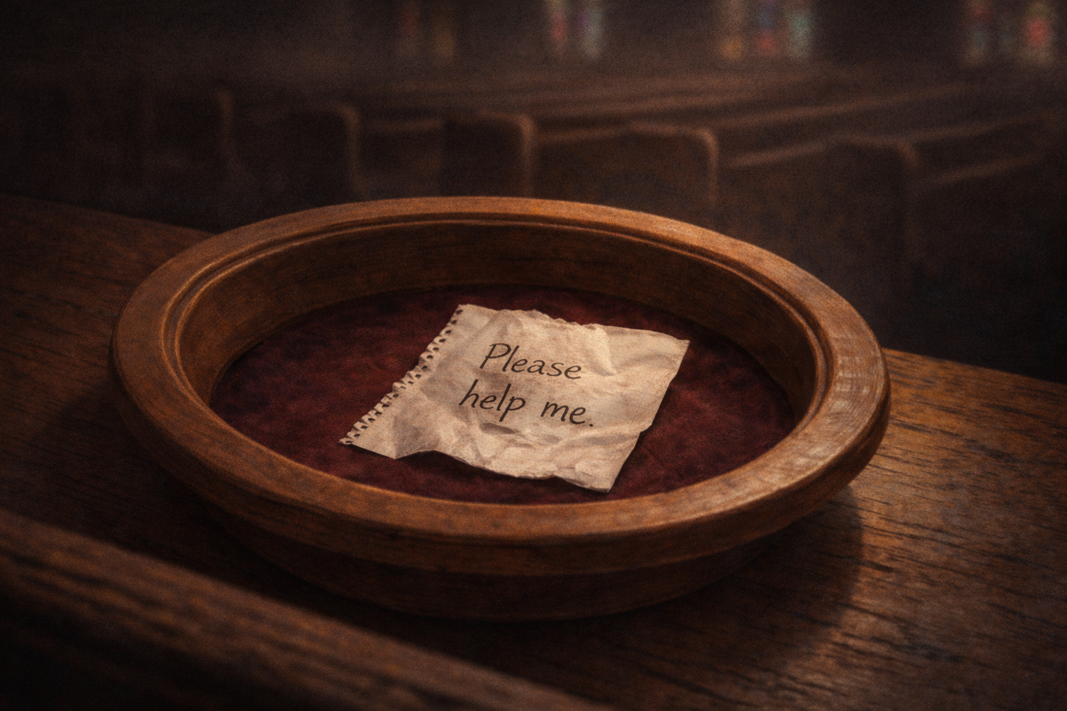 A handwritten note on a torn piece of paper resting in a wooden offering tray, reading "Please help me" — a moment of radical honesty in a moment of complete loss