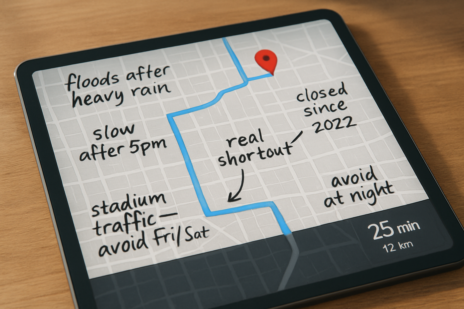 Tablet showing GPS navigation route with handwritten annotations: floods after heavy rain, slow after 5pm, stadium traffic avoid Fri/Sat, real shortcut, closed since 2022, avoid at night