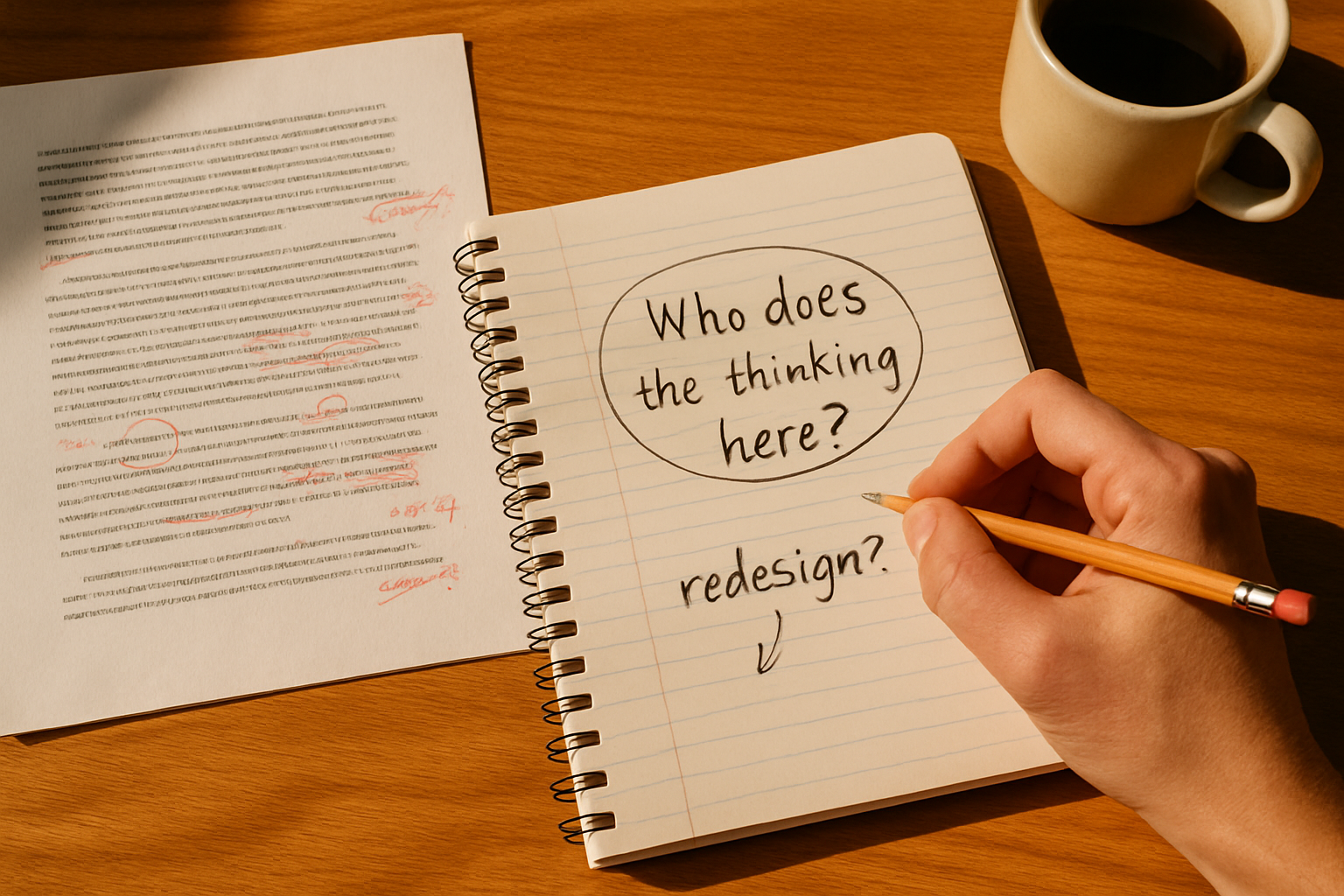 Overhead desk showing printed assignment with red ink marks and notebook with handwritten question Who does the thinking here
