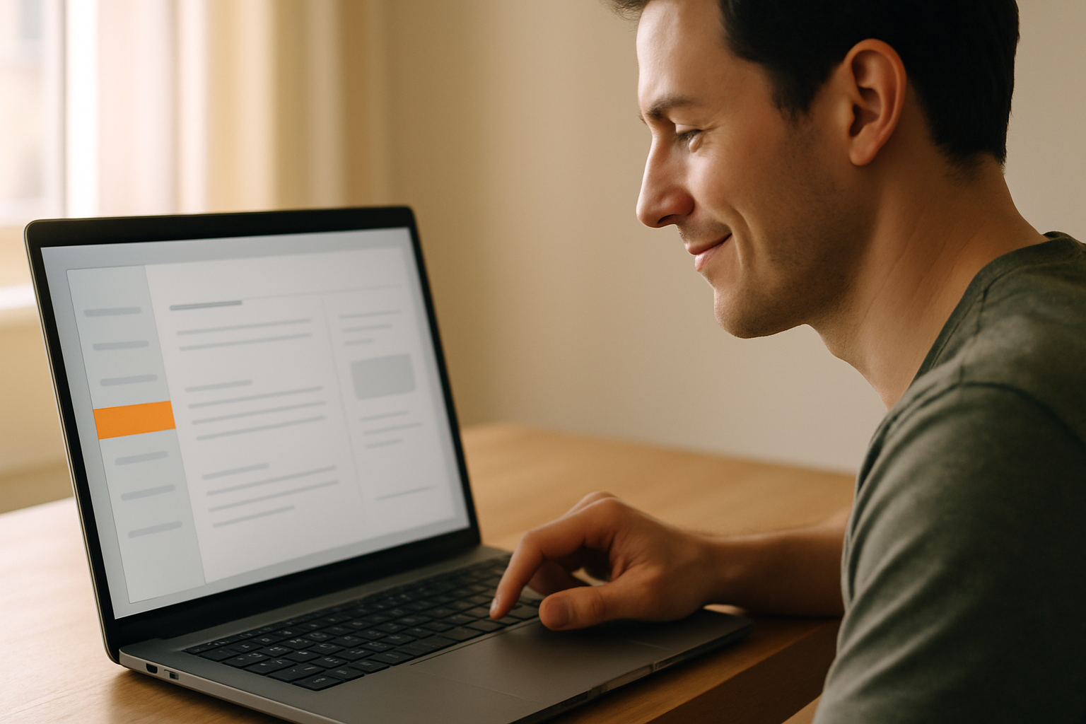 Person at laptop smiling with quiet discovery, software sidebar with orange highlighted section visible