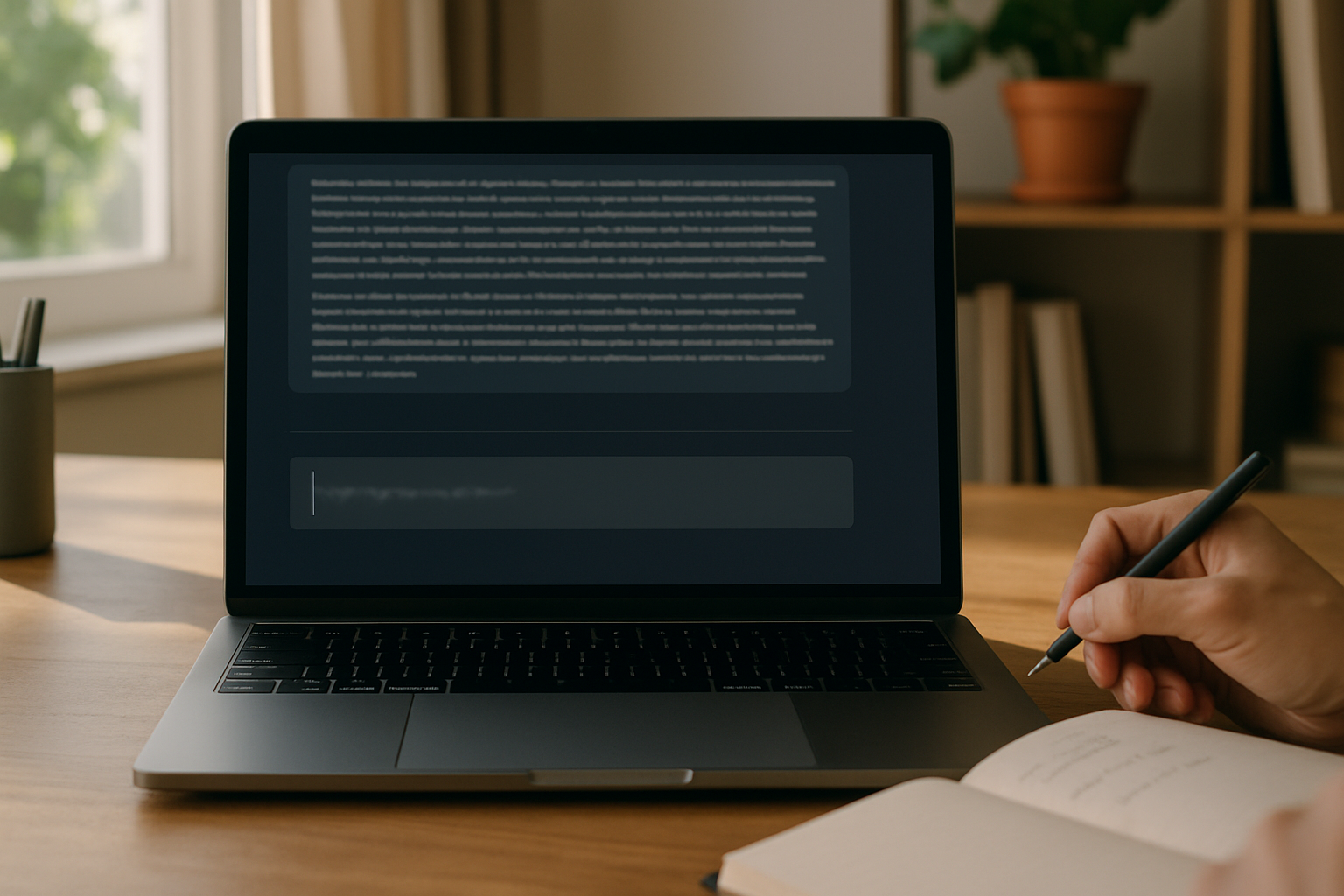 Laptop showing AI chat response above input area, hand with pen and open notebook beside laptop